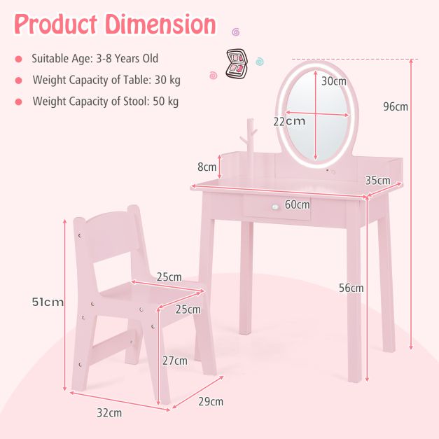 Children’s Vanity Table and Chair Set with Lighted Mirror for Play