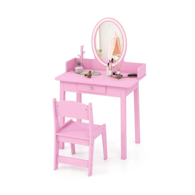 Children’s Vanity Table and Chair Set with Lighted Mirror for Play