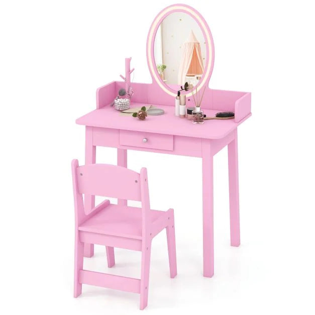 Children’s Vanity Table and Chair Set with Lighted Mirror for Play