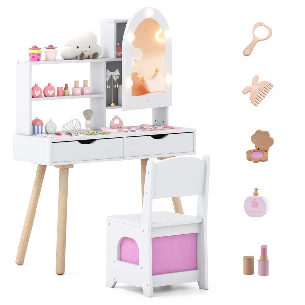 Kids Vanity Pretend Play Dressing Table Set with 3-Color Light Modes