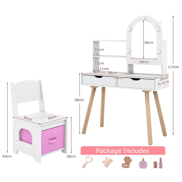 Kids Vanity Pretend Play Dressing Table Set with 3-Color Light Modes