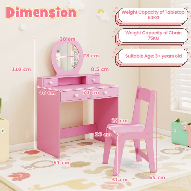 Kids Dressing Table with Open Shelf and 4 Organized Drawers