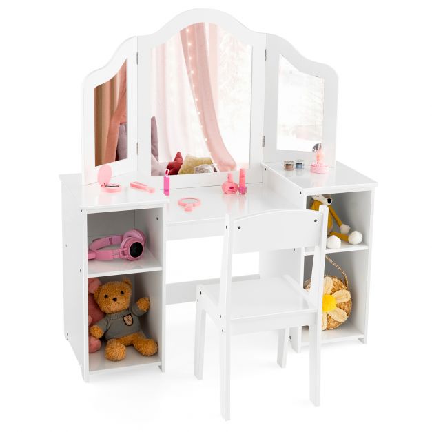 Tri-Folding Detachable Mirror Kids Vanity Set for Bedroom