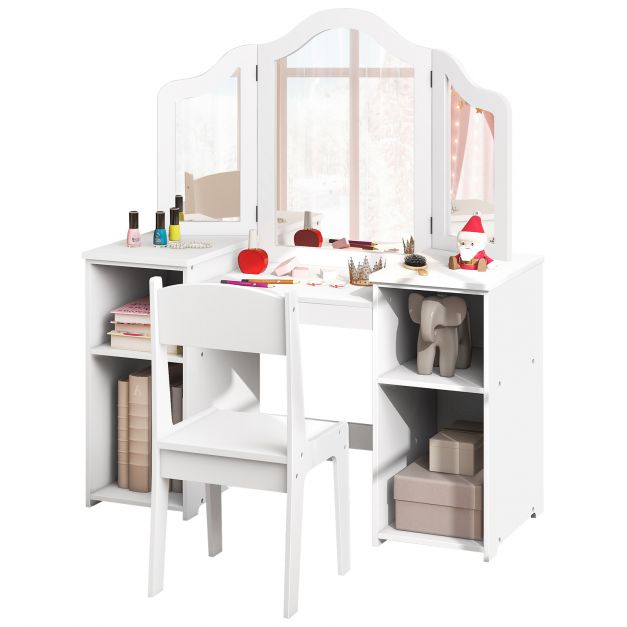 Tri-Folding Detachable Mirror Kids Vanity Set for Bedroom