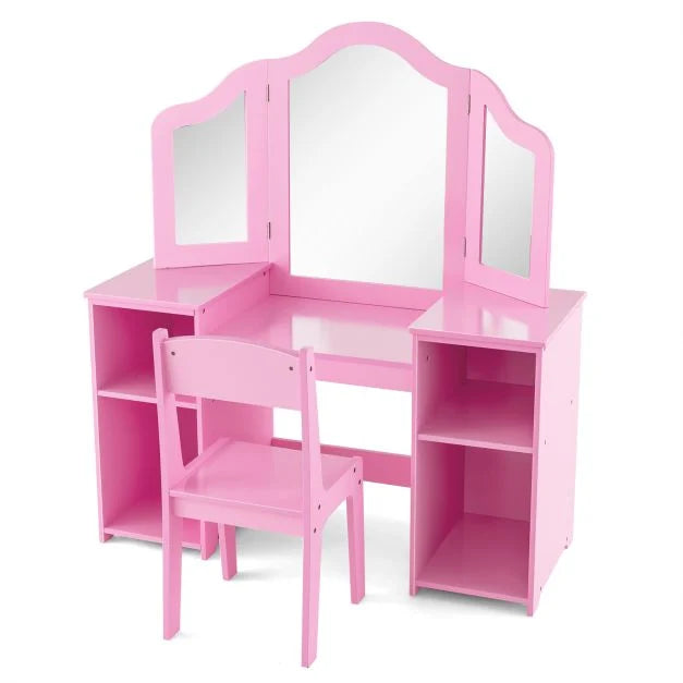 Tri-Folding Detachable Mirror Kids Vanity Set for Bedroom