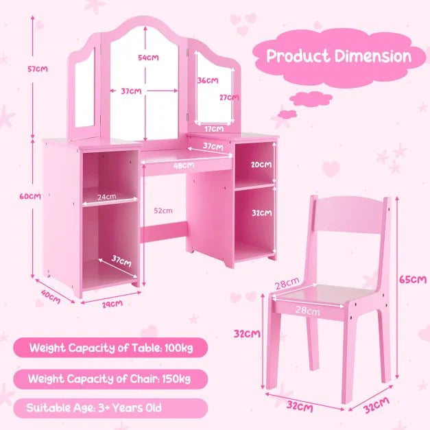 Tri-Folding Detachable Mirror Kids Vanity Set for Bedroom