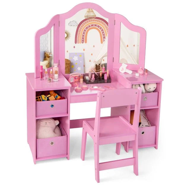 Vanity Table and Chair Set for Kids with Mirrors and Storage Bins