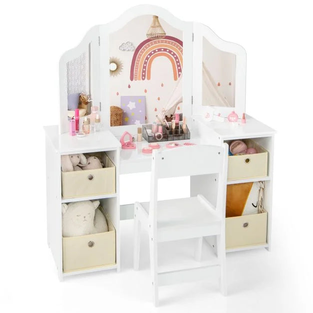 Vanity Table and Chair Set for Kids with Mirrors and Storage Bins