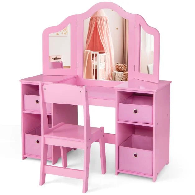 Vanity Table and Chair Set for Kids with Mirrors and Storage Bins