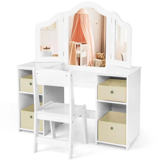 Vanity Table and Chair Set for Kids with Mirrors and Storage Bins