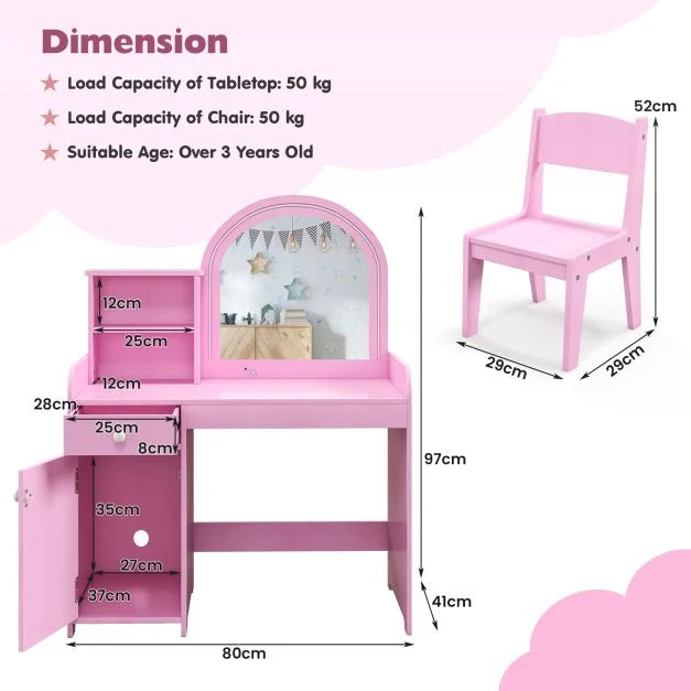 Kids Vanity Set with Chair, Shelves, Drawer, and Cabinet Organizer