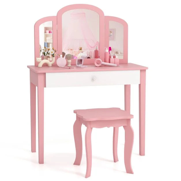 Kids Vanity Table & Stool Set – Princess Makeup Dressing Table