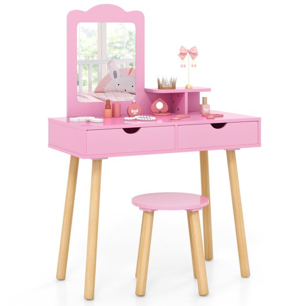 Kids Makeup Vanity Table with Stool, Square Mirror & Storage Shelf