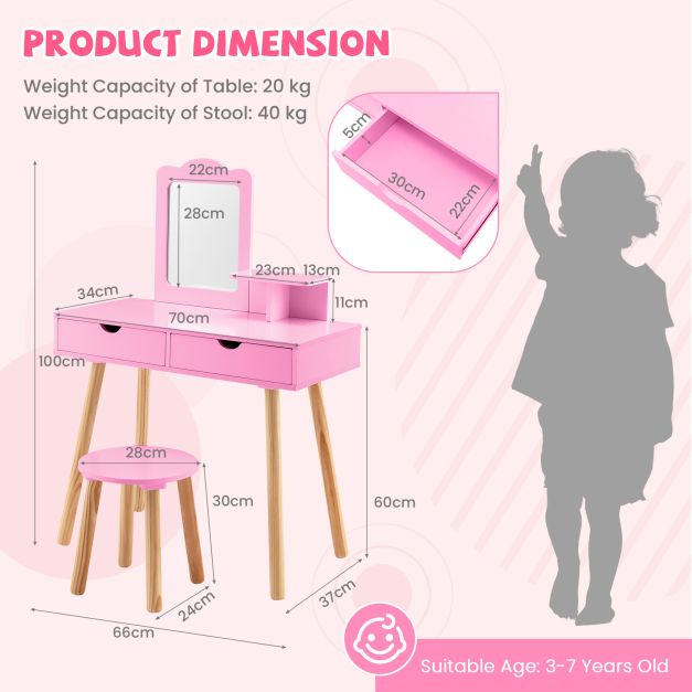 Kids Makeup Vanity Table with Stool, Square Mirror & Storage Shelf