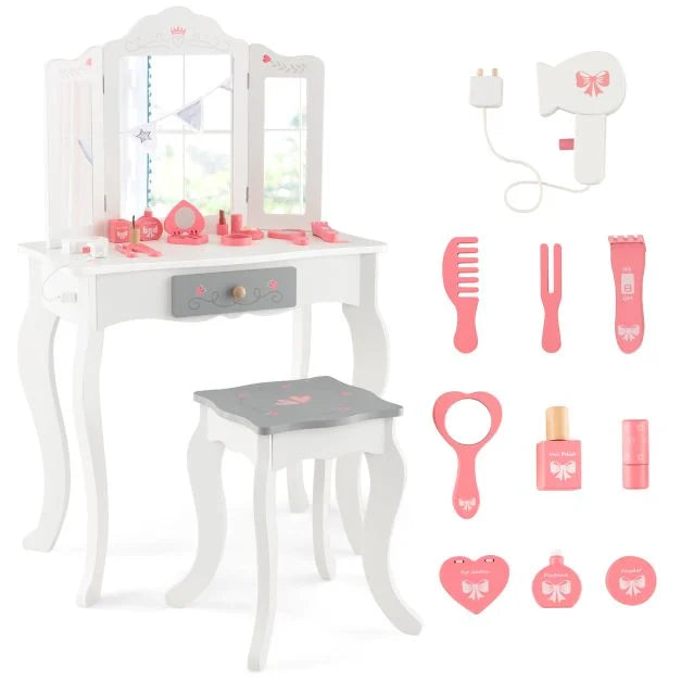 Kids Vanity Set with Stool, Detachable Tri-Fold Mirror & Accessories