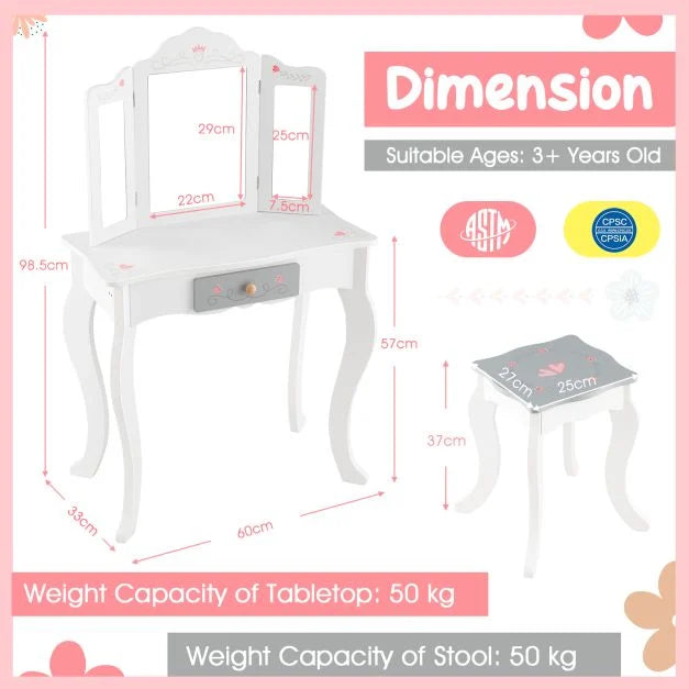Kids Vanity Set with Stool, Detachable Tri-Fold Mirror & Accessories