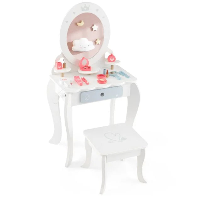 Kids Dressing Table Set with Mirror and 3 Storage Shelves