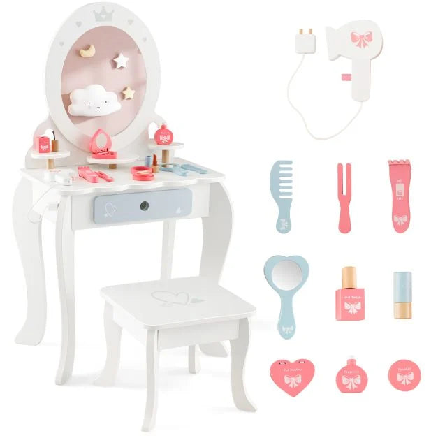 Kids Dressing Table Set with Mirror and 3 Storage Shelves