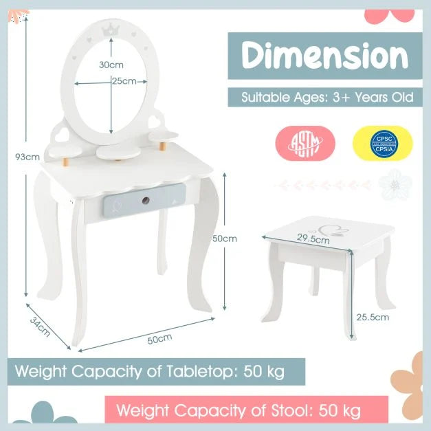 Kids Dressing Table Set with Mirror and 3 Storage Shelves