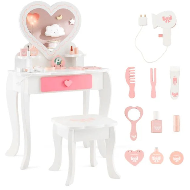 Kids Dressing Table & Stool Set with Removable Mirror and Drawer