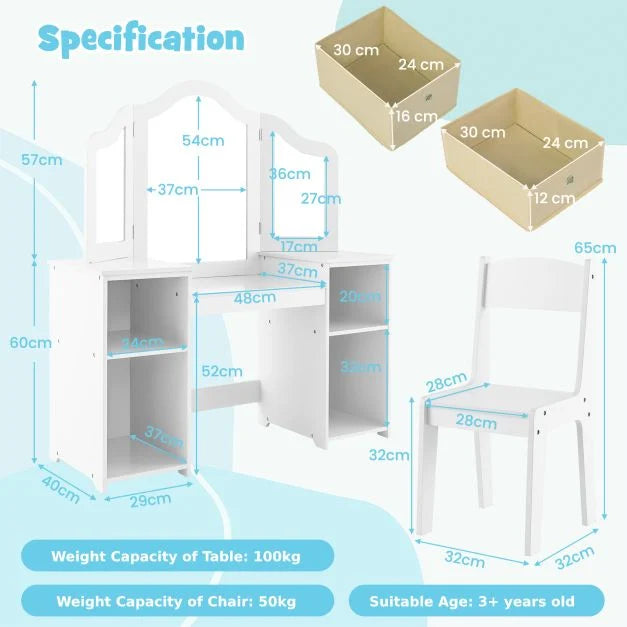 Vanity Table and Chair Set for Kids with Mirrors and Storage Bins