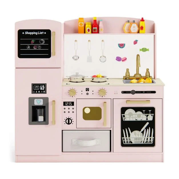 Wooden Kids Pretend Play Kitchen with Ice Maker, Chalkboard, and Accessories
