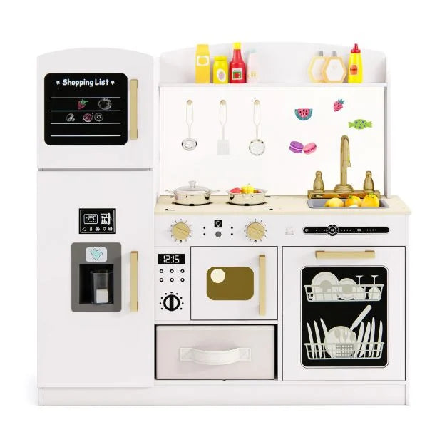 Wooden Kids Pretend Play Kitchen with Ice Maker, Chalkboard, and Accessories