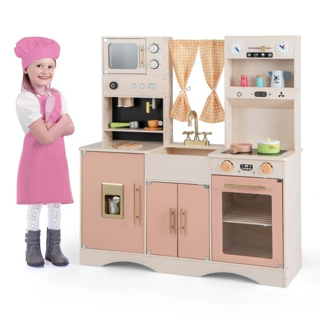 Kids Wooden Play Kitchen with Microwave, Ice Maker & Realistic Sound Effects