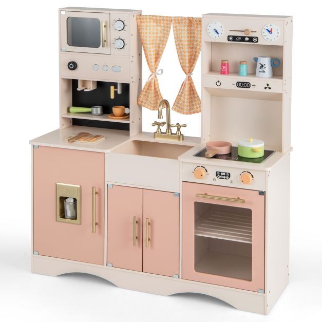 Kids Wooden Play Kitchen with Microwave, Ice Maker & Realistic Sound Effects