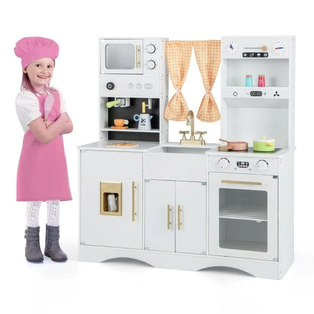 Kids Wooden Play Kitchen with Microwave, Ice Maker & Realistic Sound Effects