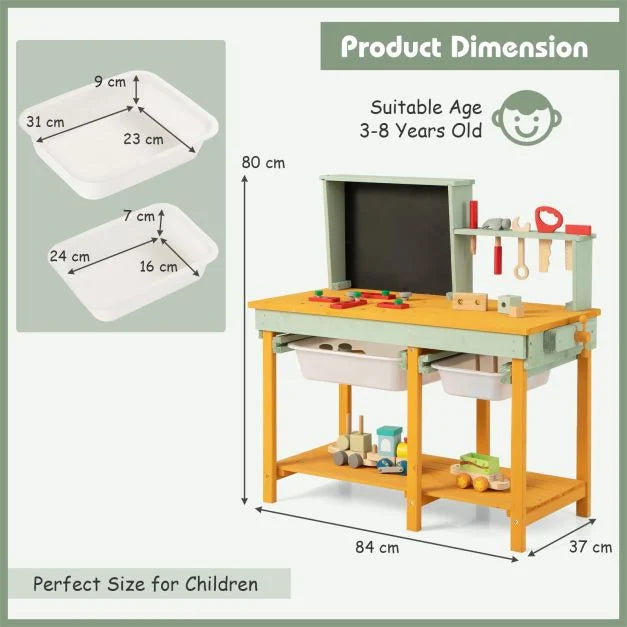Kids Pretend Play Wooden Workbench with Blackboard – Ages 3-8
