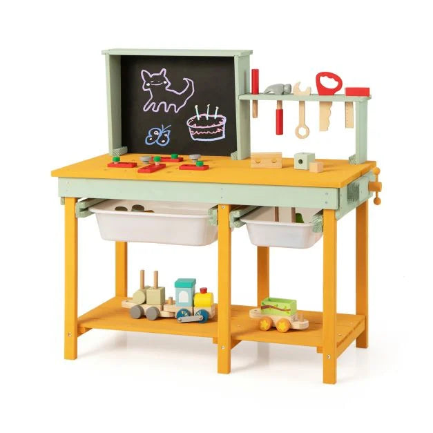 Kids Pretend Play Wooden Workbench with Blackboard – Ages 3-8