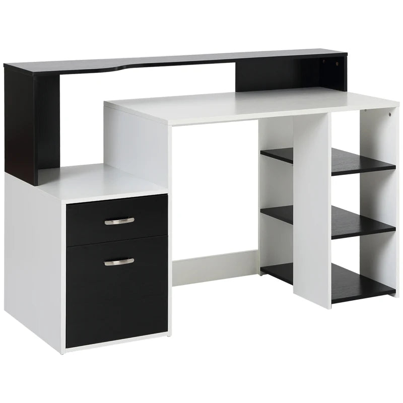 Black & White Computer Desk with Drawers & Storage Shelves – 137x55cm