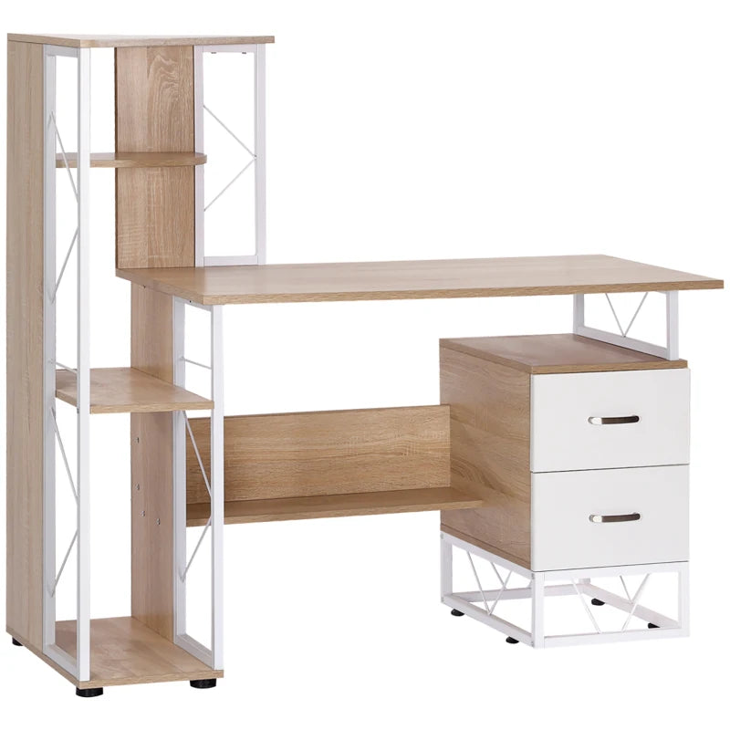 Home Office Desk with Drawers and Bookshelf – Oak