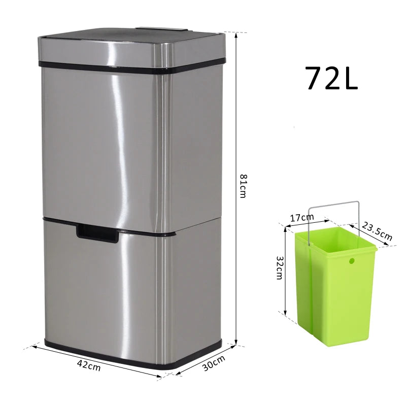 72L Stainless Steel Sensor Bin, 3 Compartments for Wet & Dry Waste