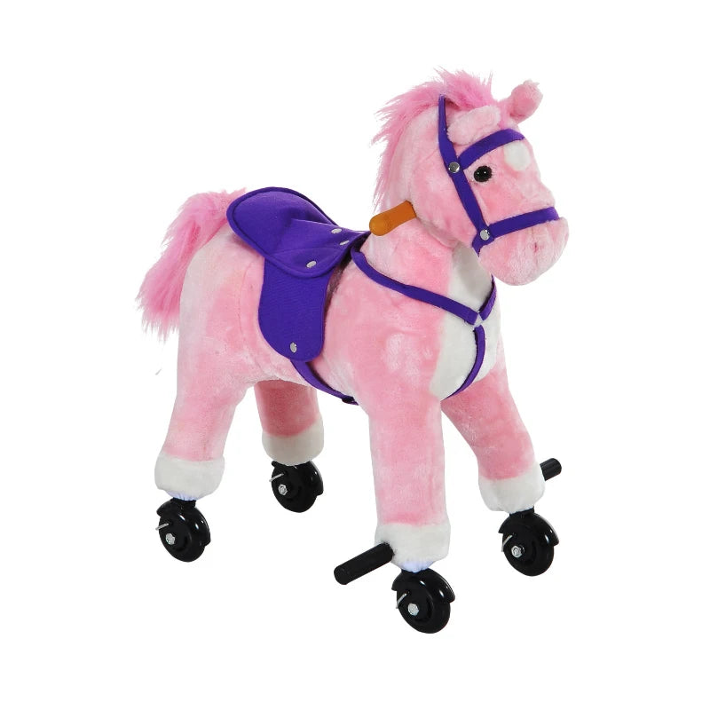 Pink Plush Rocking Horse Ride-On Toy with Wheels and Sound for Kids Ages 2 and Up