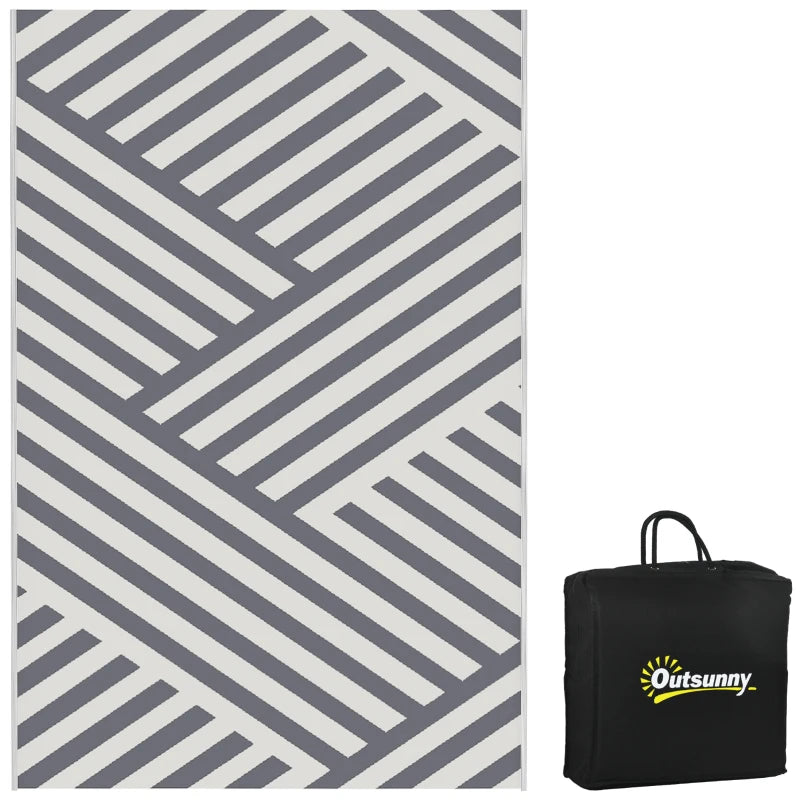 Grey & Cream Reversible Outdoor Rug – 182x274cm Plastic Straw Mat with Carry Bag