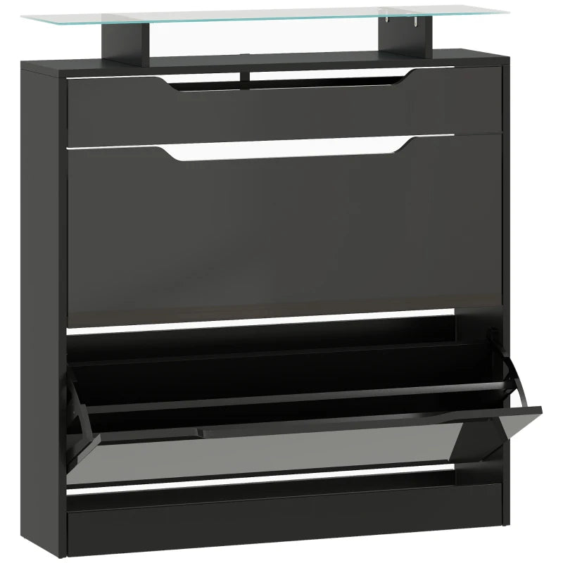 Shoe Storage Cabinet with Drawer, Flip Doors, Glass Top – Black