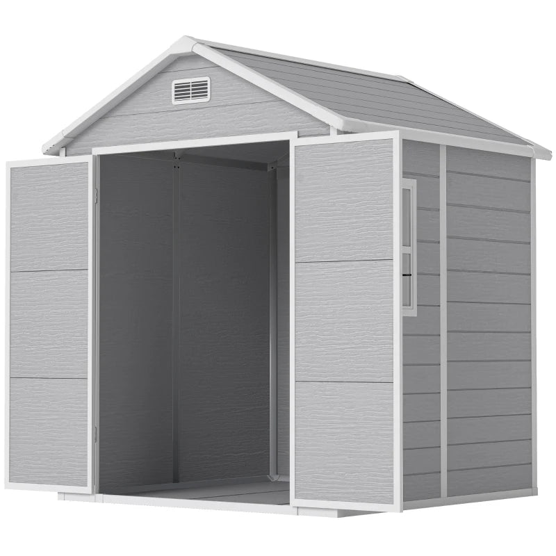 Plastic Garden Shed with Floor, Window, Lockable Doors & Vents, Wood Effect, 6x5 ft