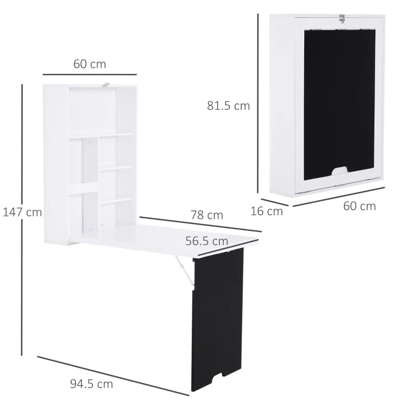 Convertible Wall Desk – White Drop-Leaf Table with Shelf & Chalkboard