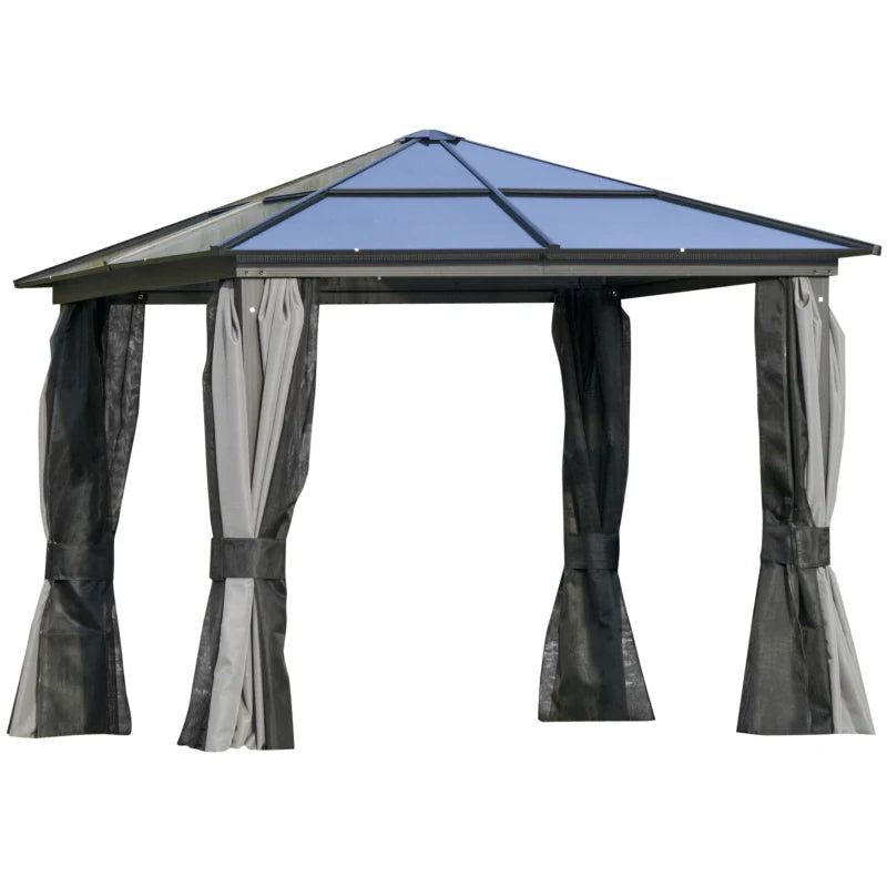 Dark Grey Hardtop Gazebo Canopy with Polycarbonate Roof & Netting for Deck 3x3m