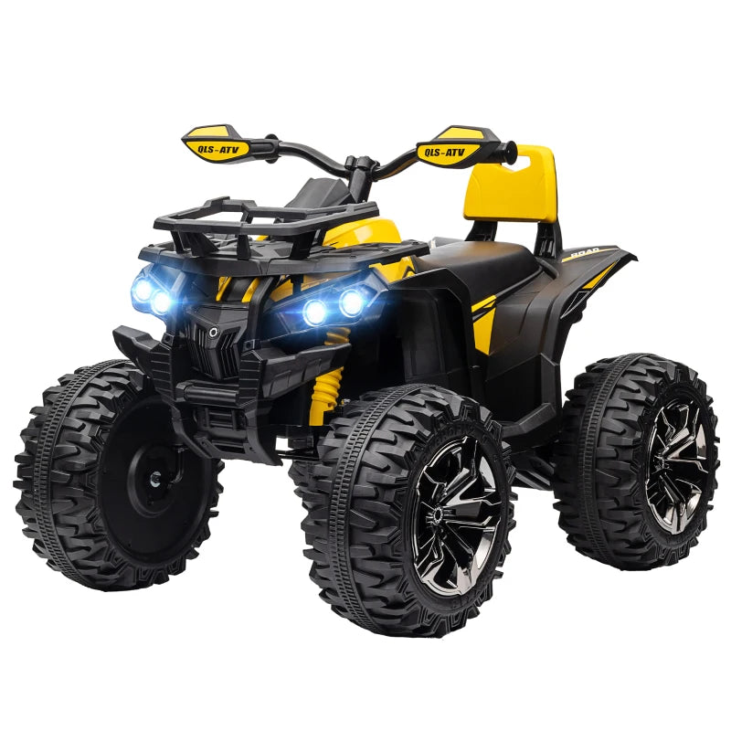 Yellow 12V Kids ATV Quad Bike with LED Lights, Music, Backrest, Forward & Reverse
