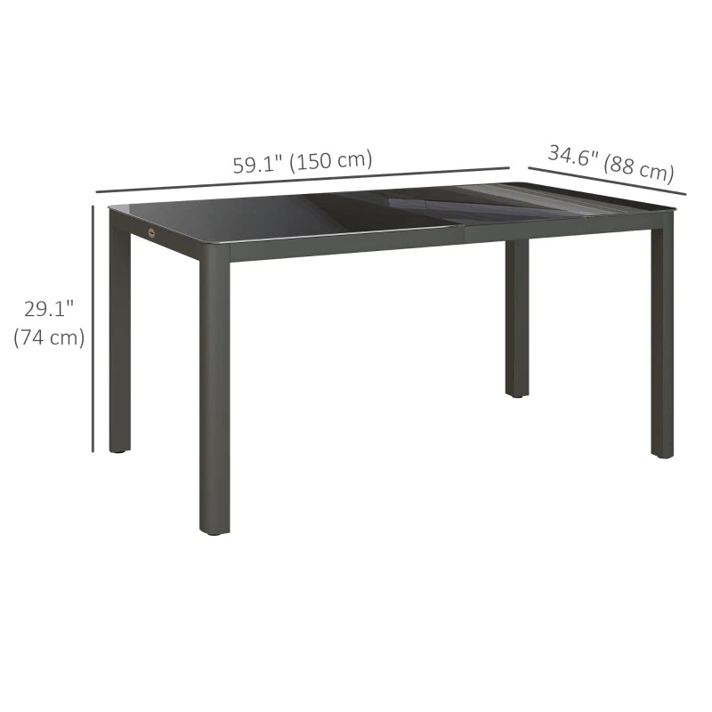 Modern Aluminium Garden Table with Tempered Glass Top, Durable Outdoor Patio Table, Grey, 150x88cm
