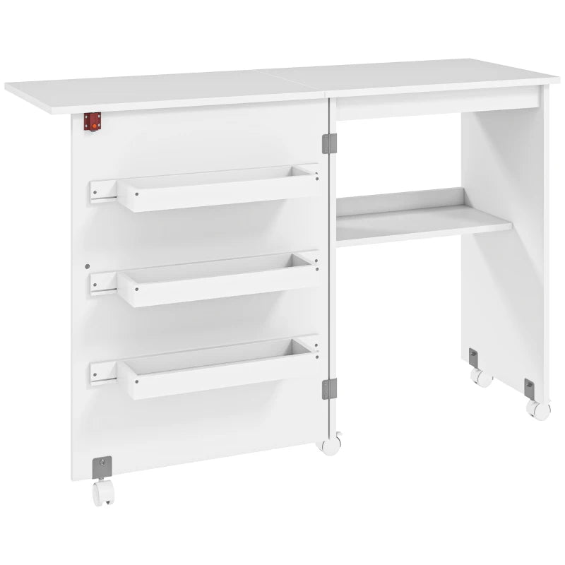 Folding Sewing Table with Storage, Drop Leaf & Wheels – White Craft Desk