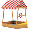 Boat-Shaped Wooden Sandpit for Kids 3-8 with Canopy, Seats, Rudder & Bottom Liner