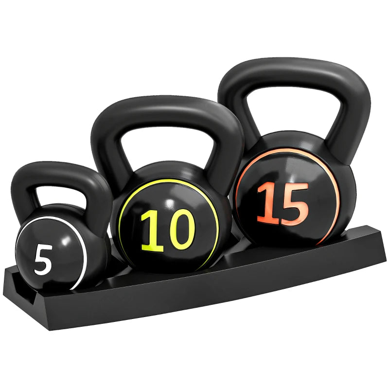 3-Piece Kettlebell Set (5, 10, 15 lbs) with Storage Tray