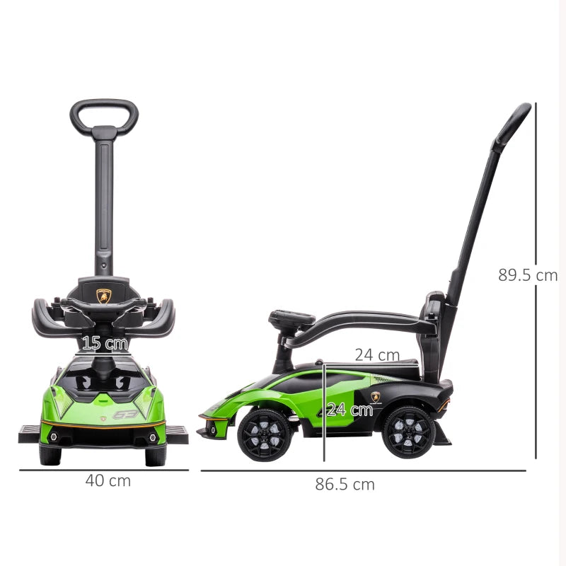 Green 2-in-1 Ride-On Toy and Push Stroller with Horn for Kids – Lamborghini Look