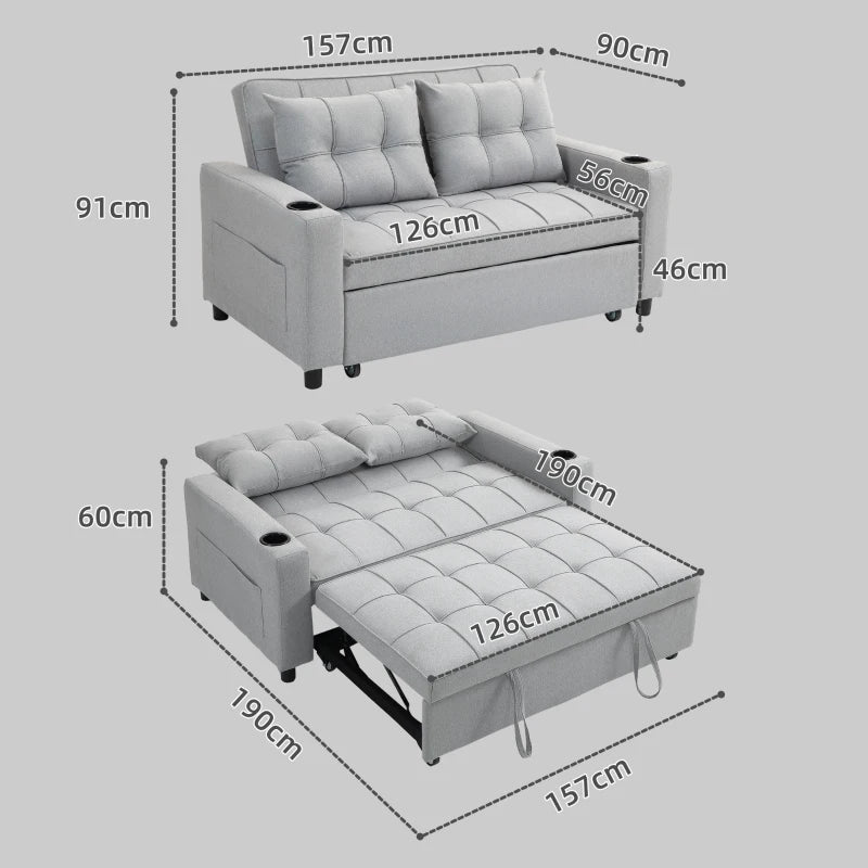 Compact Pull-Out Sofa Bed, Light Grey, 2-Seater Convertible Couch