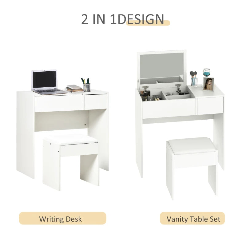 White Vanity Desk with Flip-Up Mirror, Drawer & Comfortable Stool