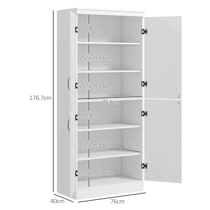 White Tall Kitchen Cupboard, 4-Door, 6-Tier Storage Cabinet